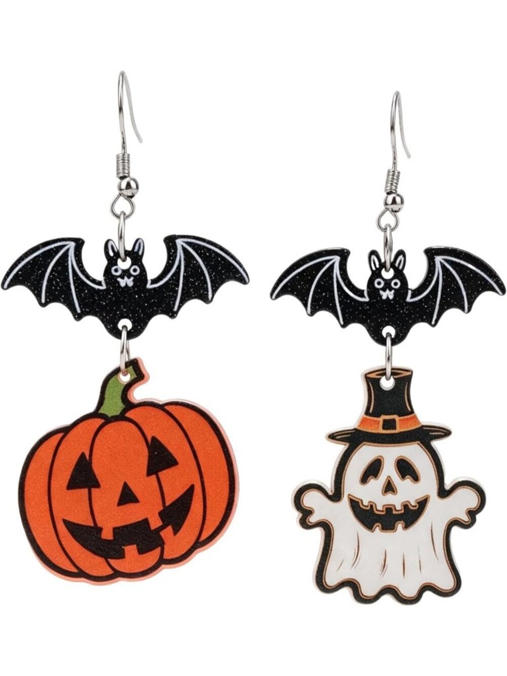 Women's White Orange Spooky Holiday Jewelry Acrylic Bat Pumpkin Ghost Earrings